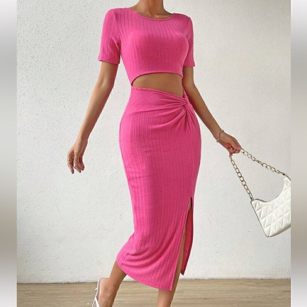Cut Out Twist Front Split Thigh Dress Hot Pink Size M (6)